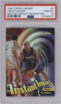 Vince Carter from the 1998-99 Topps Chrome set featuring a Refractor parallel graded by PSA and given an overall grade of 10.