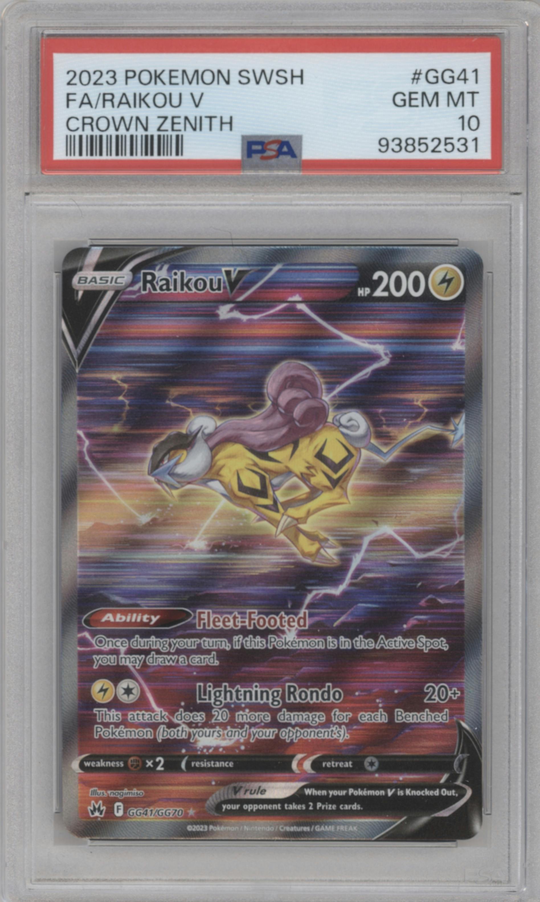 Raikou V from the 2023 Pokemon SWSH set graded by PSA and given an overall grade of 10.
