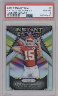 Patrick Mahomes II from the 2017 Panini Prizm set graded by PSA and given an overall grade of 8.