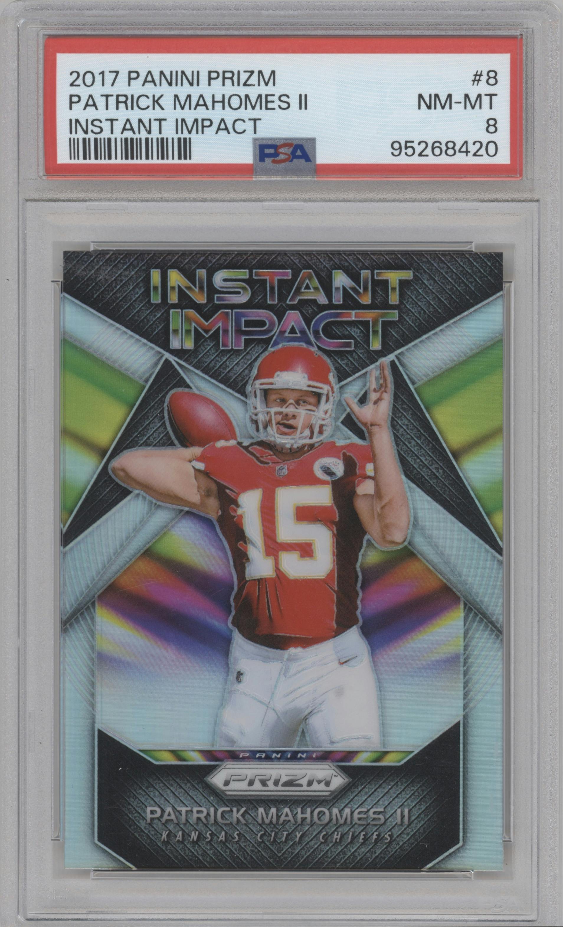 Patrick Mahomes II from the 2017 Panini Prizm set graded by PSA and given an overall grade of 8.