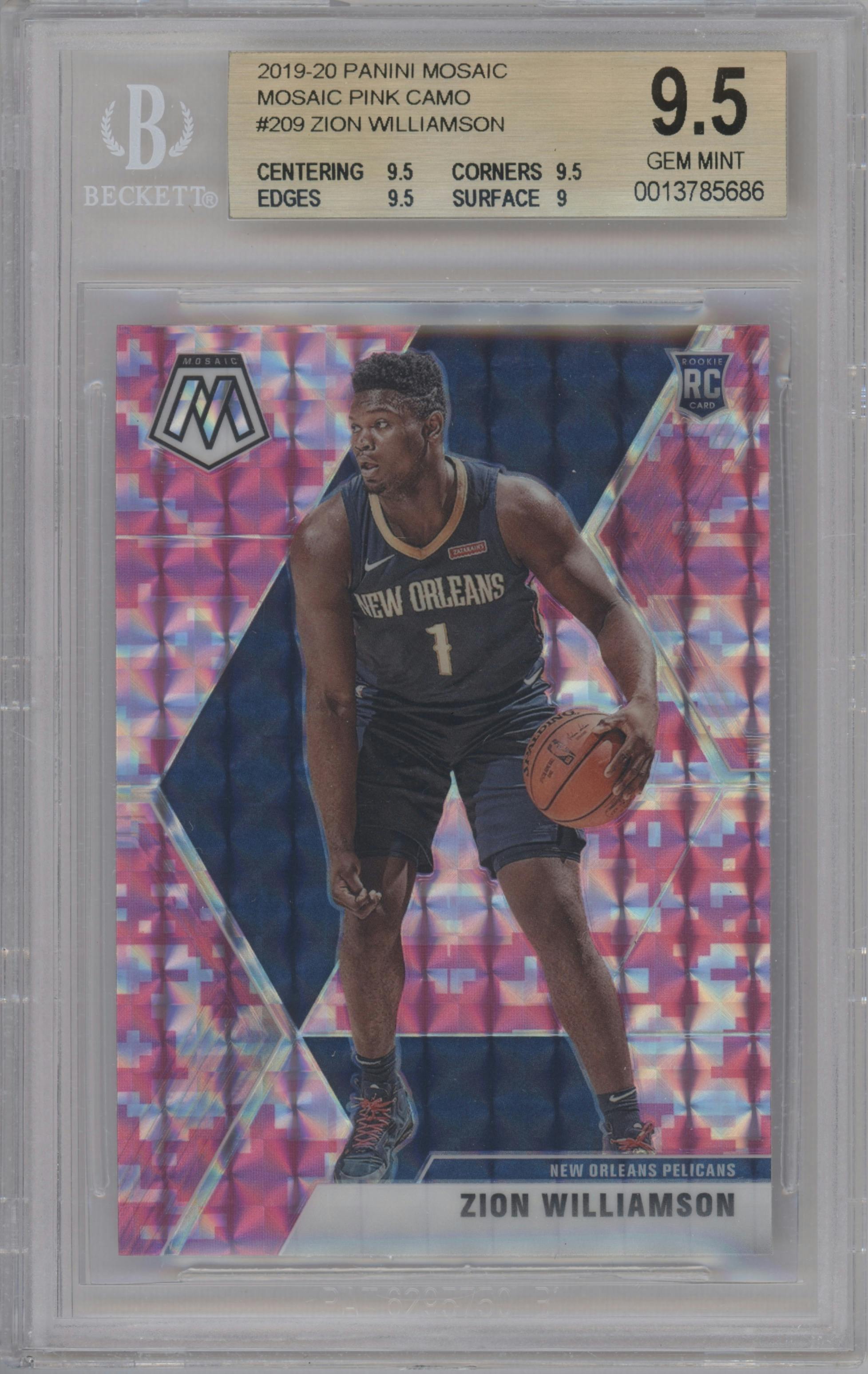 Zion Williamson  from the 2019-20 Panini Mosaic  set featuring a Pink Camo parallel graded by Beckett and given an overall grade of 9.5.