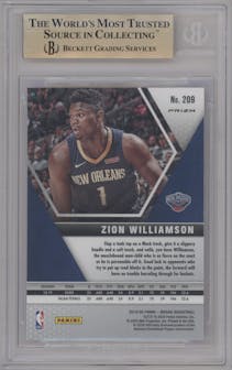 Zion Williamson  from the 2019-20 Panini Mosaic  set featuring a Pink Camo parallel graded by Beckett and given an overall grade of 9.5.