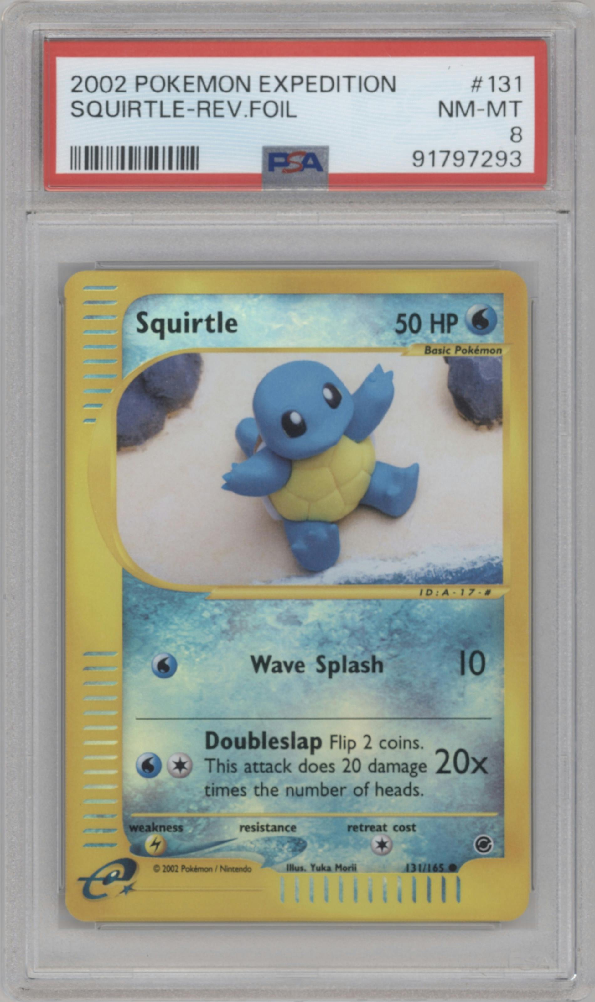 Squirtle from the 2002 Pokemon E-CARD set graded by PSA and given an overall grade of 8.