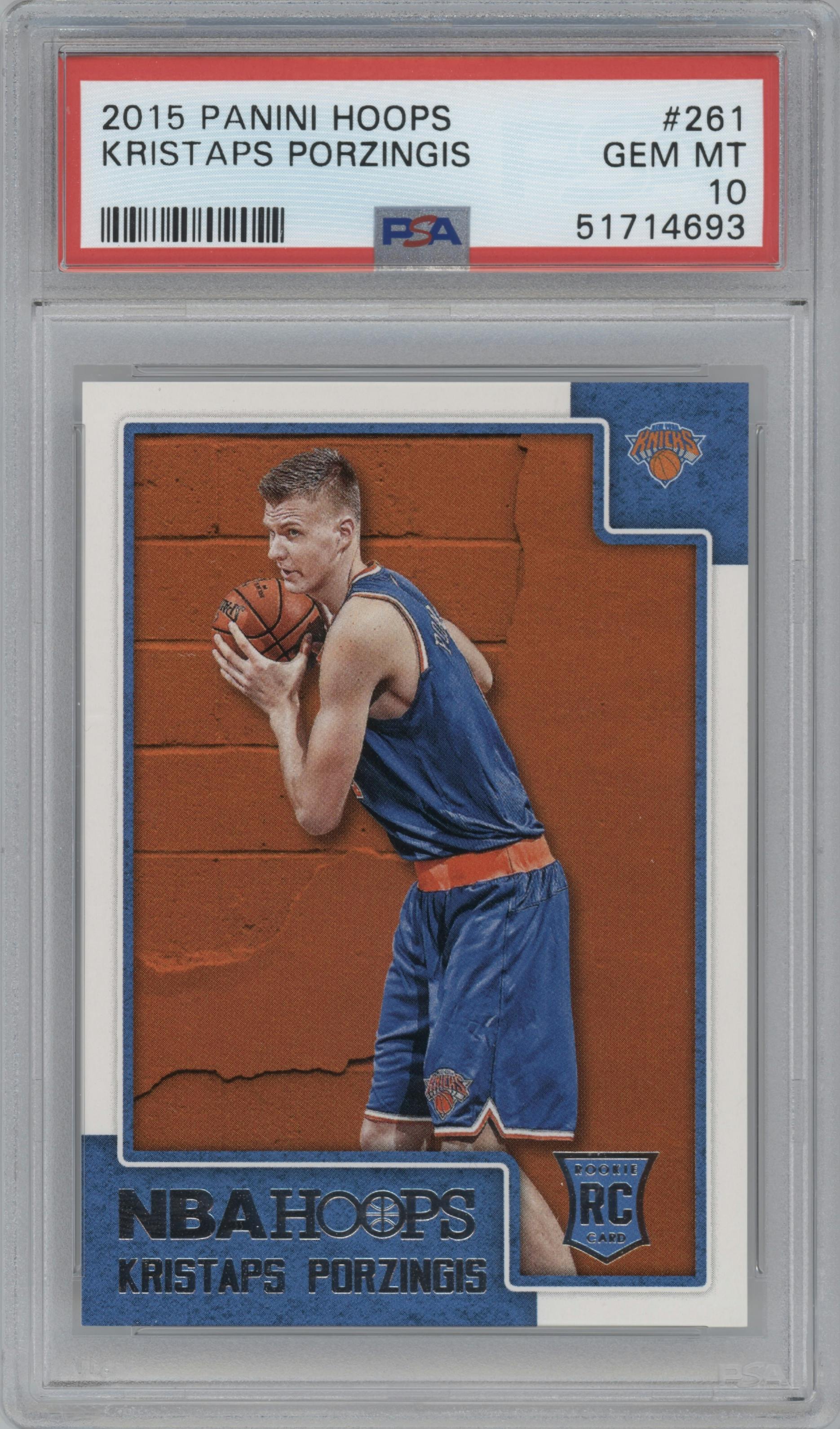 Kristaps Porzingis from the 2015-16 Panini NBA Hoops set graded by PSA and given an overall grade of 10.