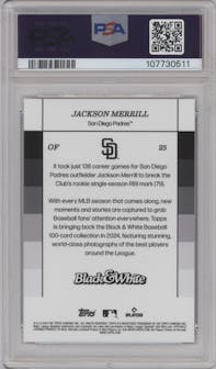 Jackson Merrill from the 2024 Topps Black & White set graded by PSA and given an overall grade of 10.