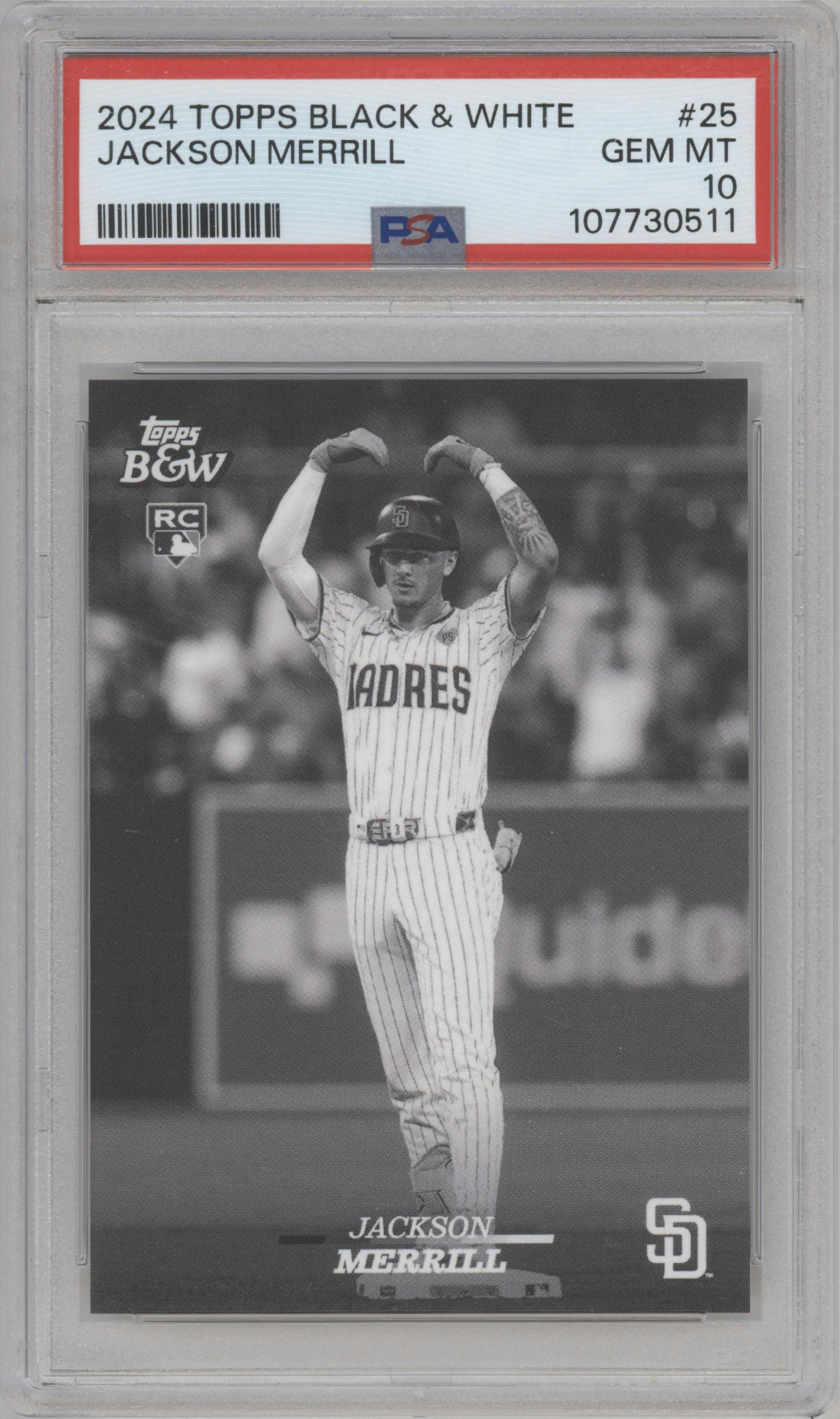 Jackson Merrill from the 2024 Topps Black & White set graded by PSA and given an overall grade of 10.