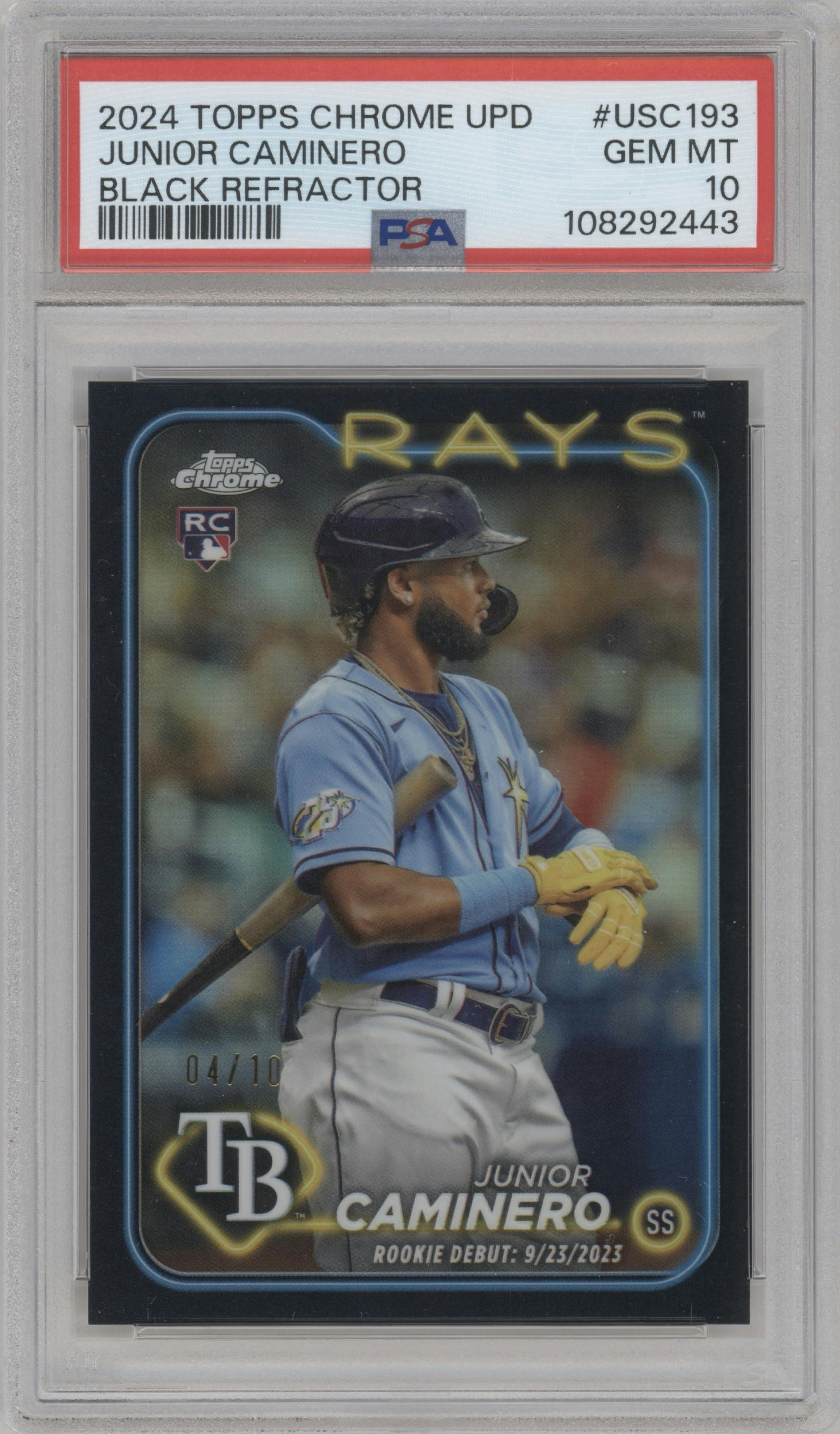Junior Caminero from the 2024 Topps Chrome Update set featuring a Black Refractor parallel graded by PSA and given an overall grade of 10.