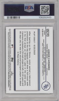 Junior Caminero from the 2024 Topps Chrome Update set featuring a Black Refractor parallel graded by PSA and given an overall grade of 10.