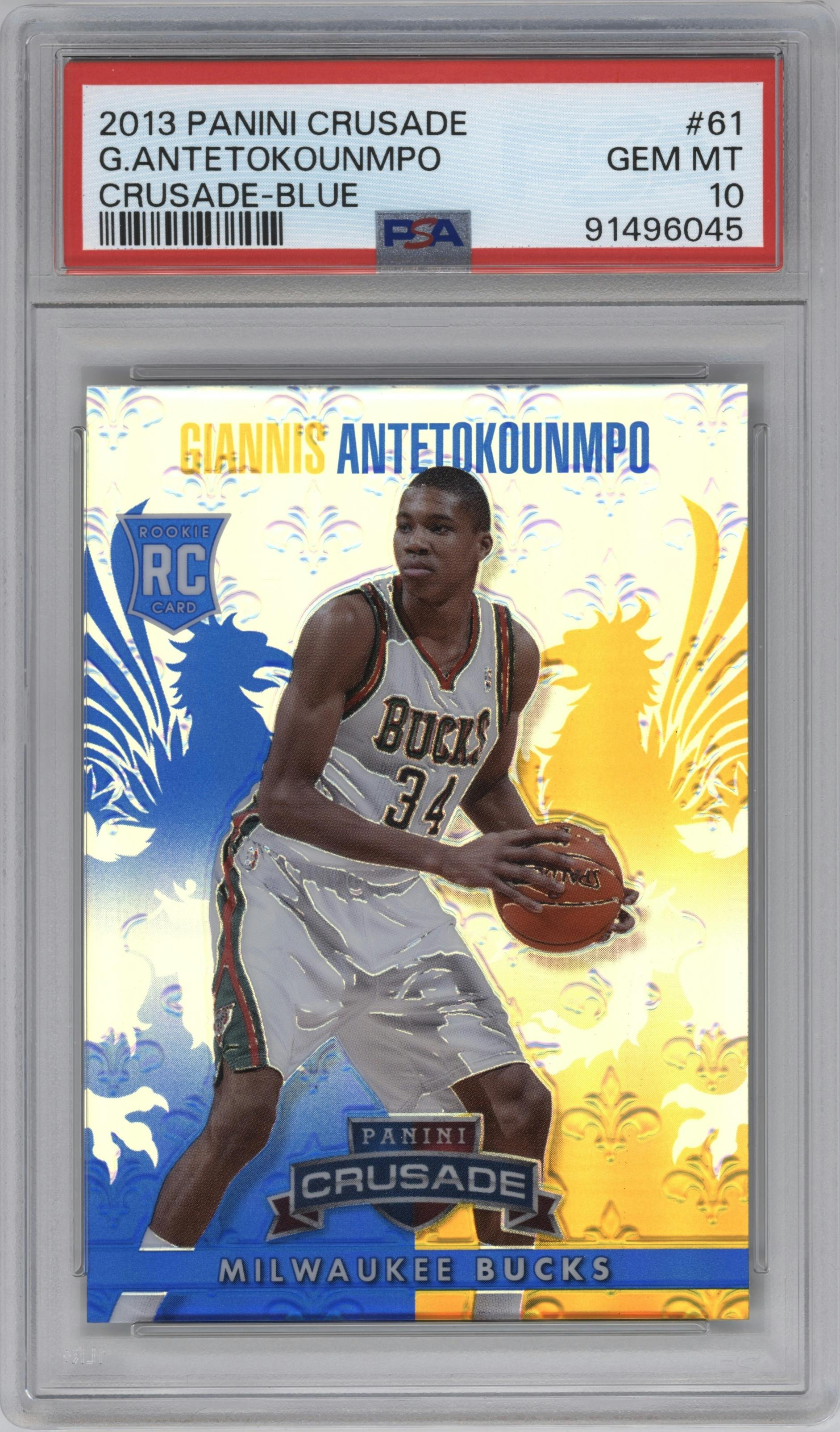 Giannis Antetokounmpo from the 2013-14 Panini Crusade set featuring a Blue parallel graded by PSA and given an overall grade of 10.