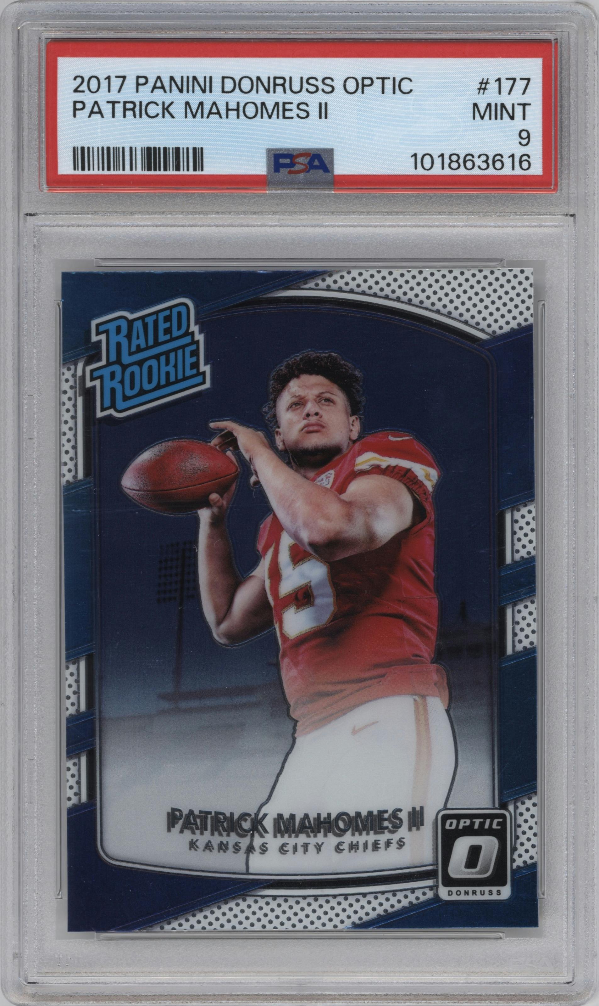 Patrick Mahomes II from the 2017 Panini Donruss Optic set graded by PSA and given an overall grade of 9.
