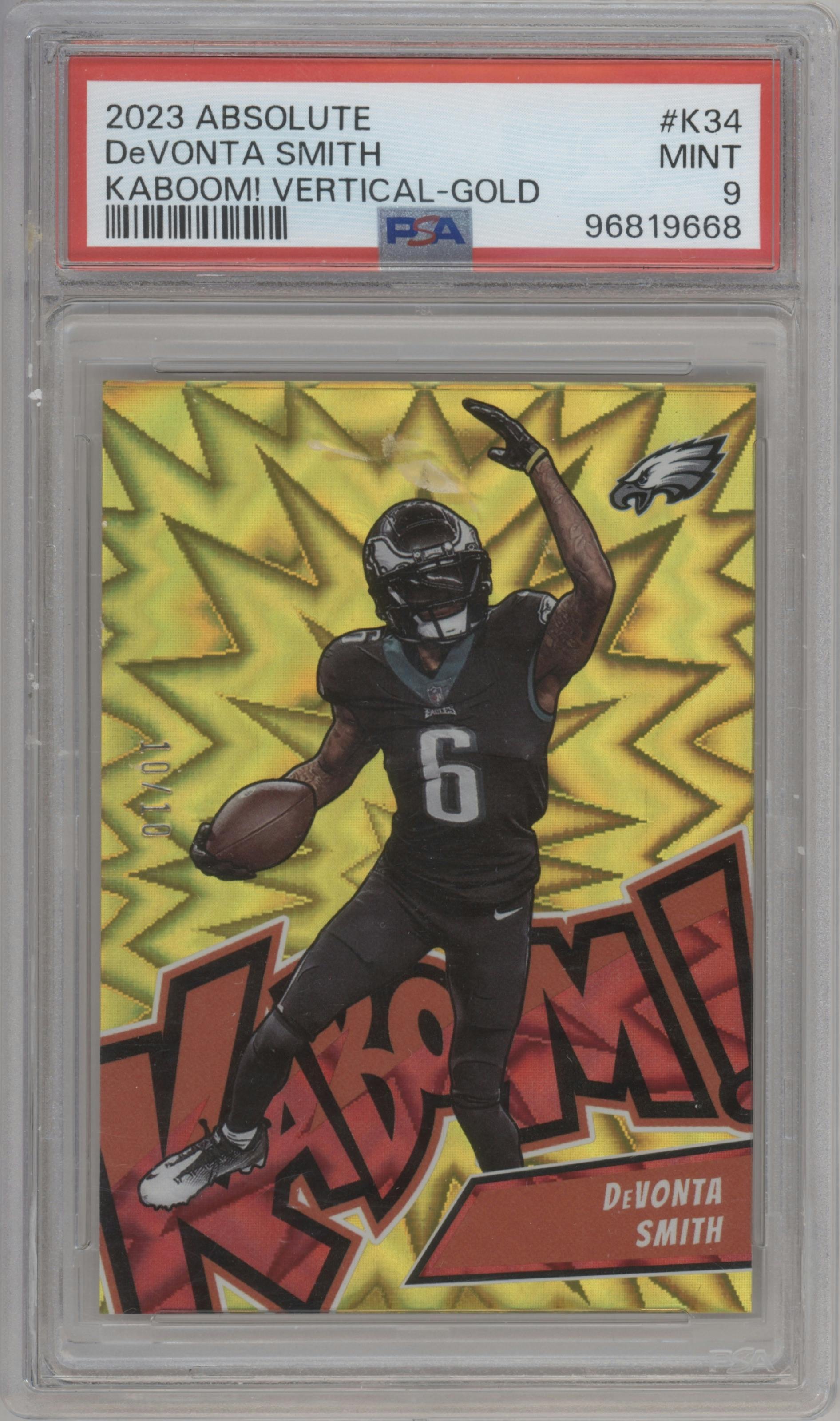 DeVonta Smith from the 2023 Panini Absolute set featuring a Gold parallel graded by PSA and given an overall grade of 9.