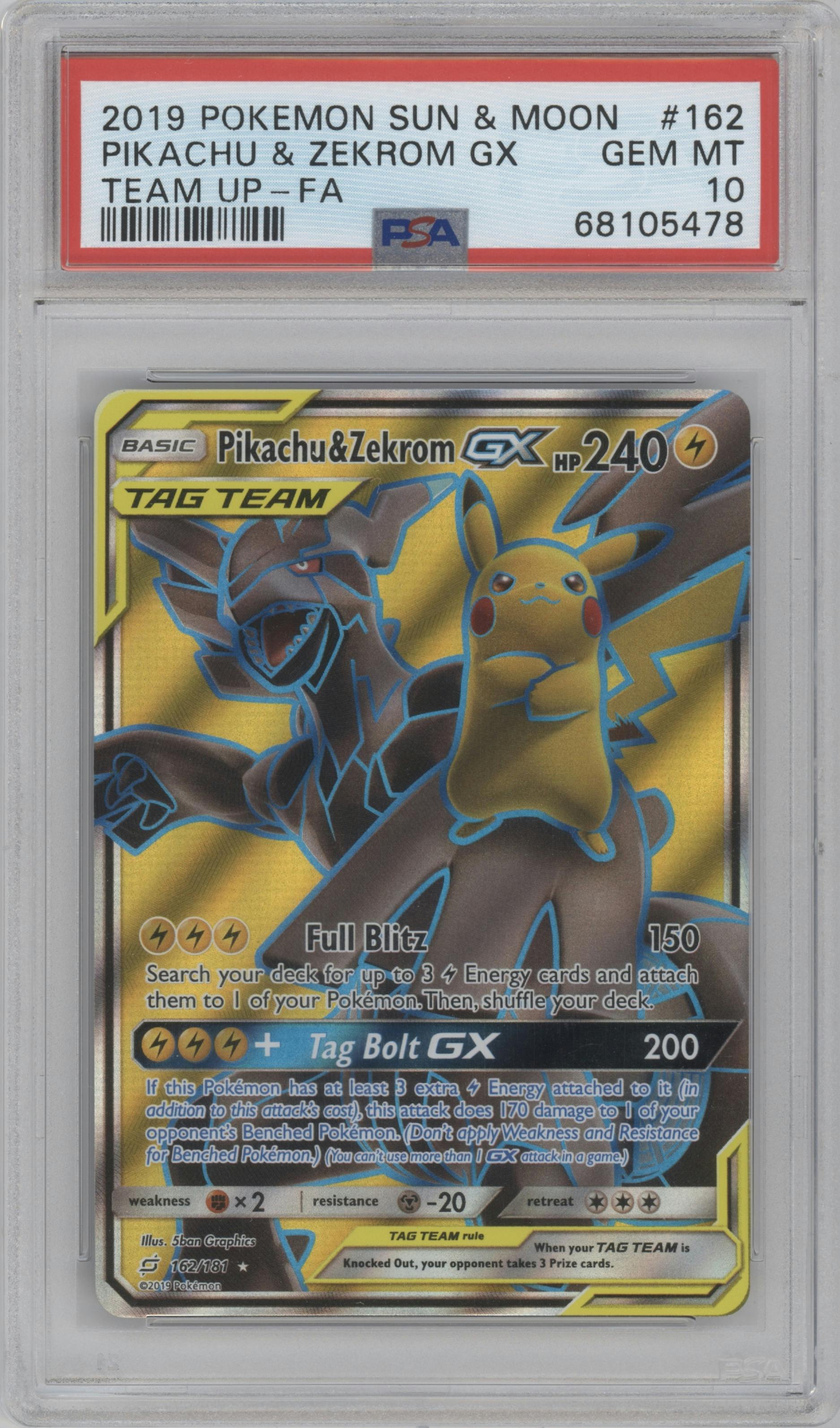 Pikachu/Zekrom GX from the 2019 Pokemon S&M  set graded by PSA and given an overall grade of 10.