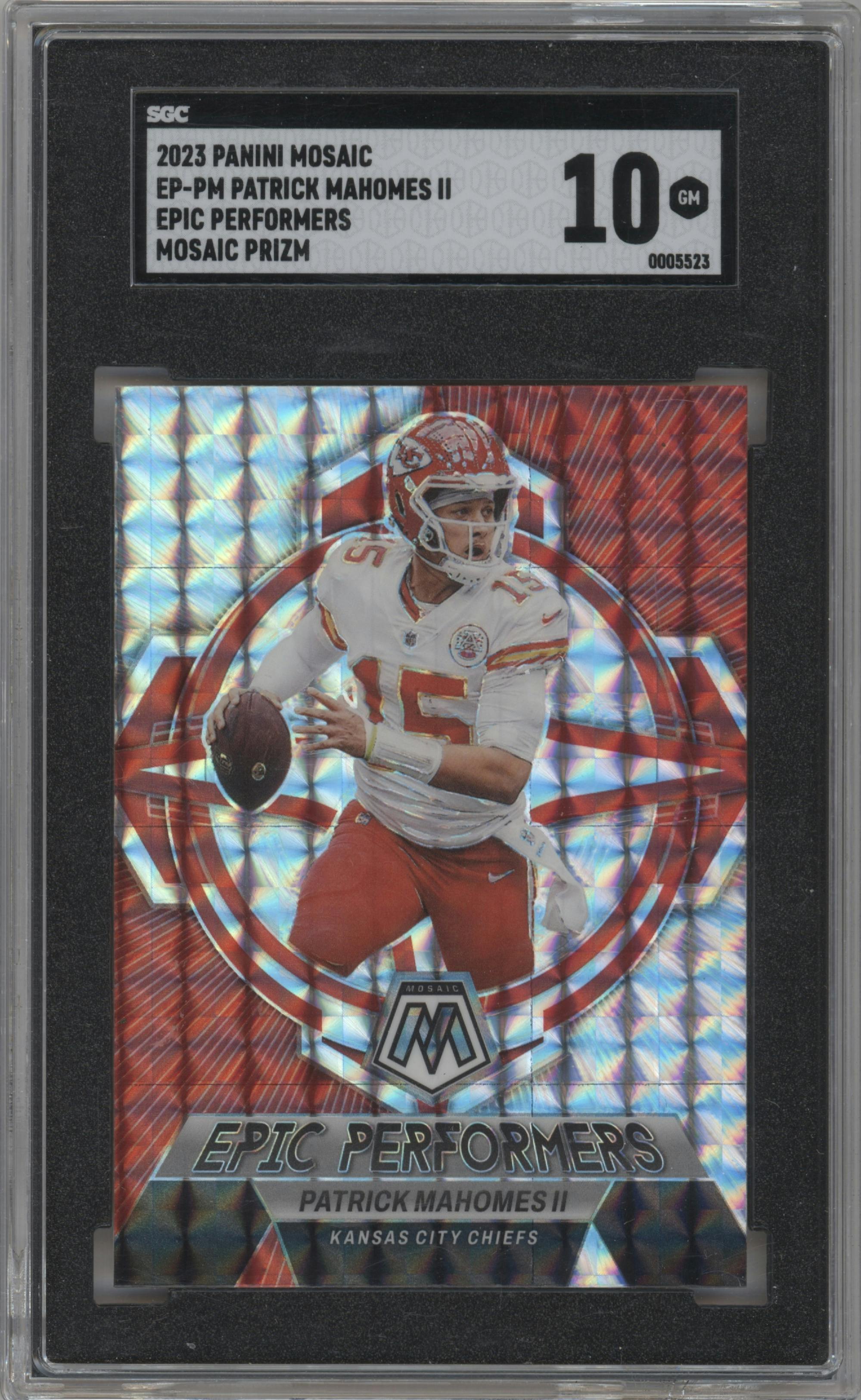 Patrick Mahomes II from the 2023 Panini Mosaic set featuring a Mosaic parallel graded by SGC and given an overall grade of 10.