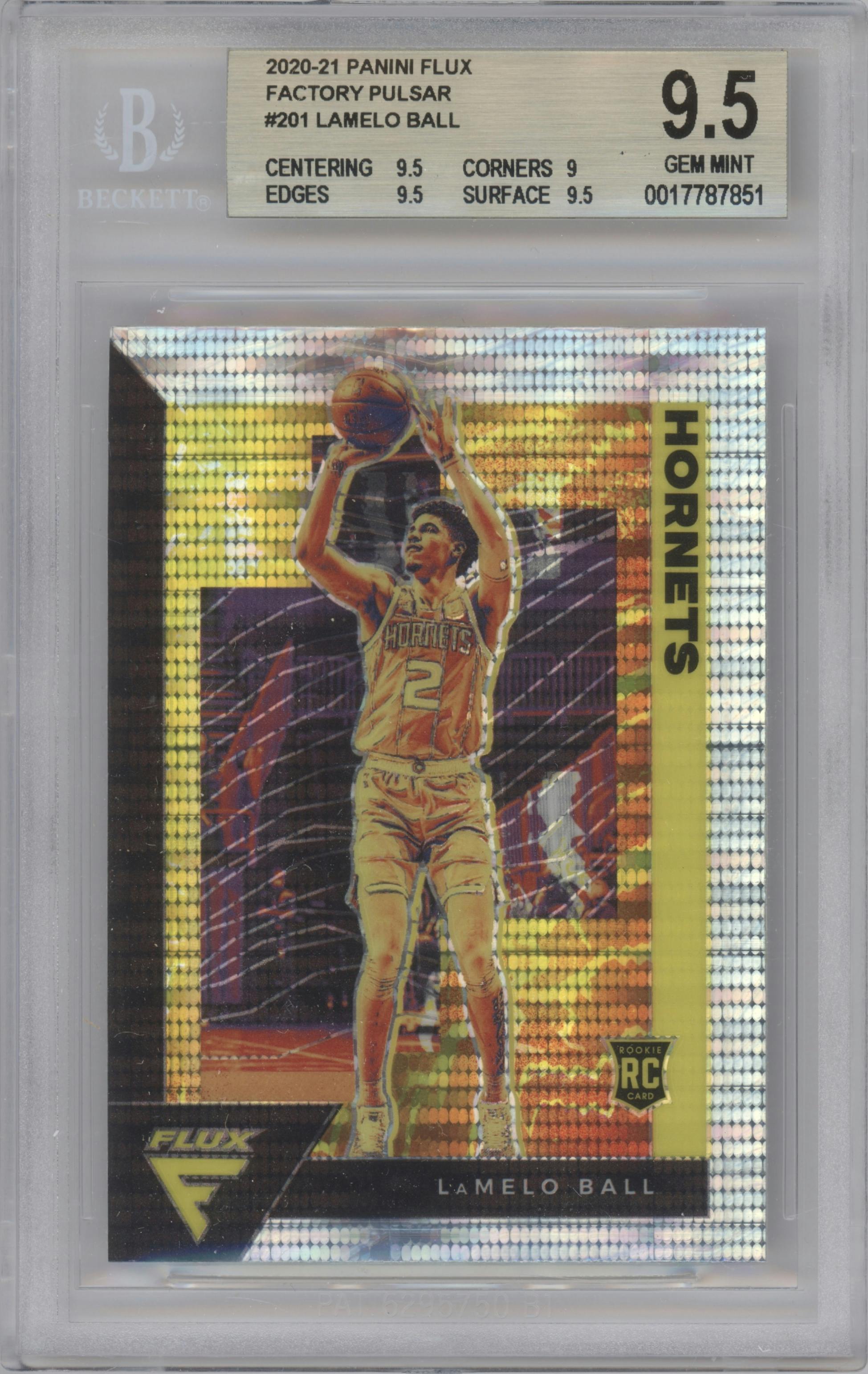 LaMelo Ball from the 2020-21 Panini Flux set featuring a Pulsar parallel graded by Beckett and given an overall grade of 9.5.