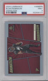 Bijan Robinson from the 2024 Panini Luminance set graded by PSA and given an overall grade of 9.