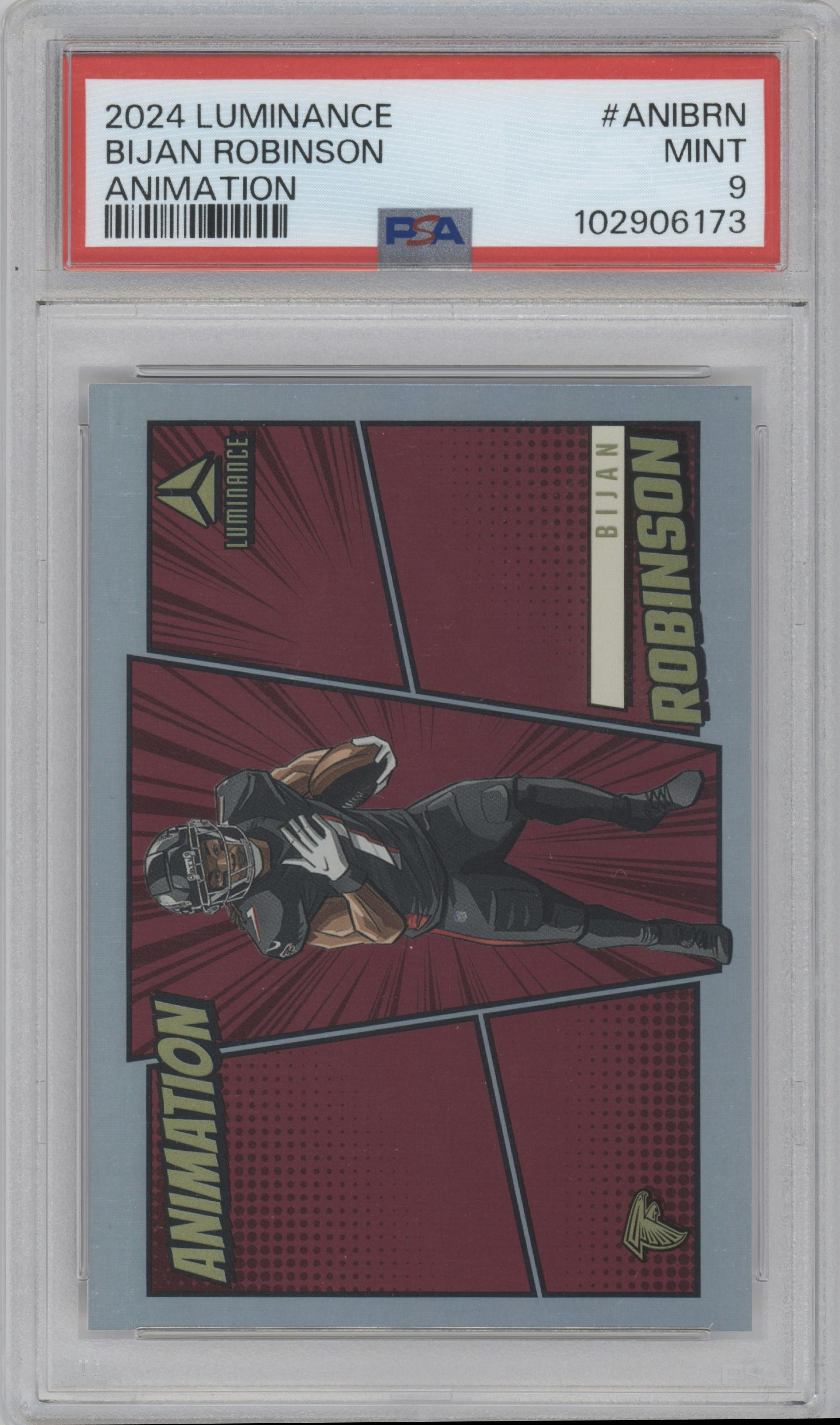 Bijan Robinson from the 2024 Panini Luminance set graded by PSA and given an overall grade of 9.