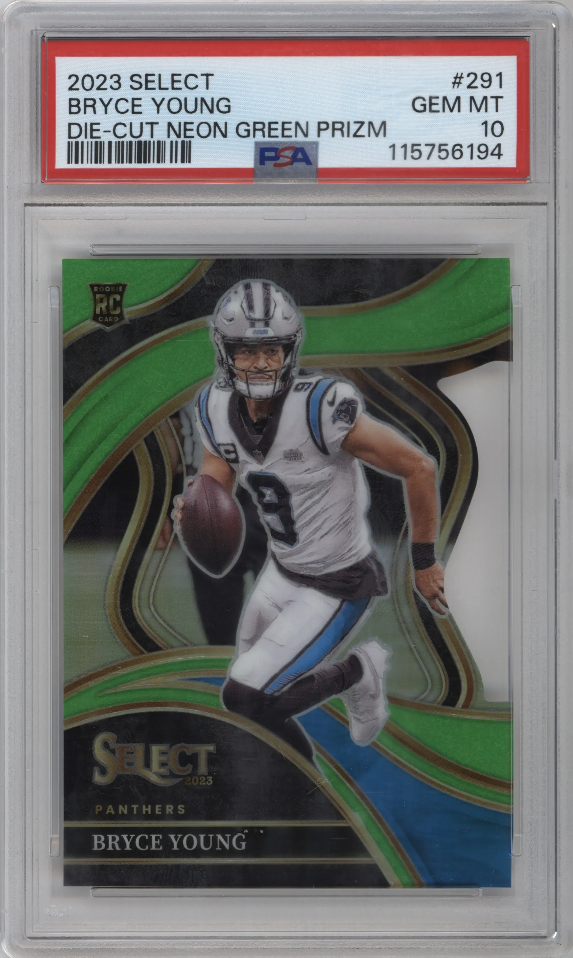 2023 Panini Select Club Lvl. Bryce Young Die-Cut Neon Green Prizm #291 PSA 10