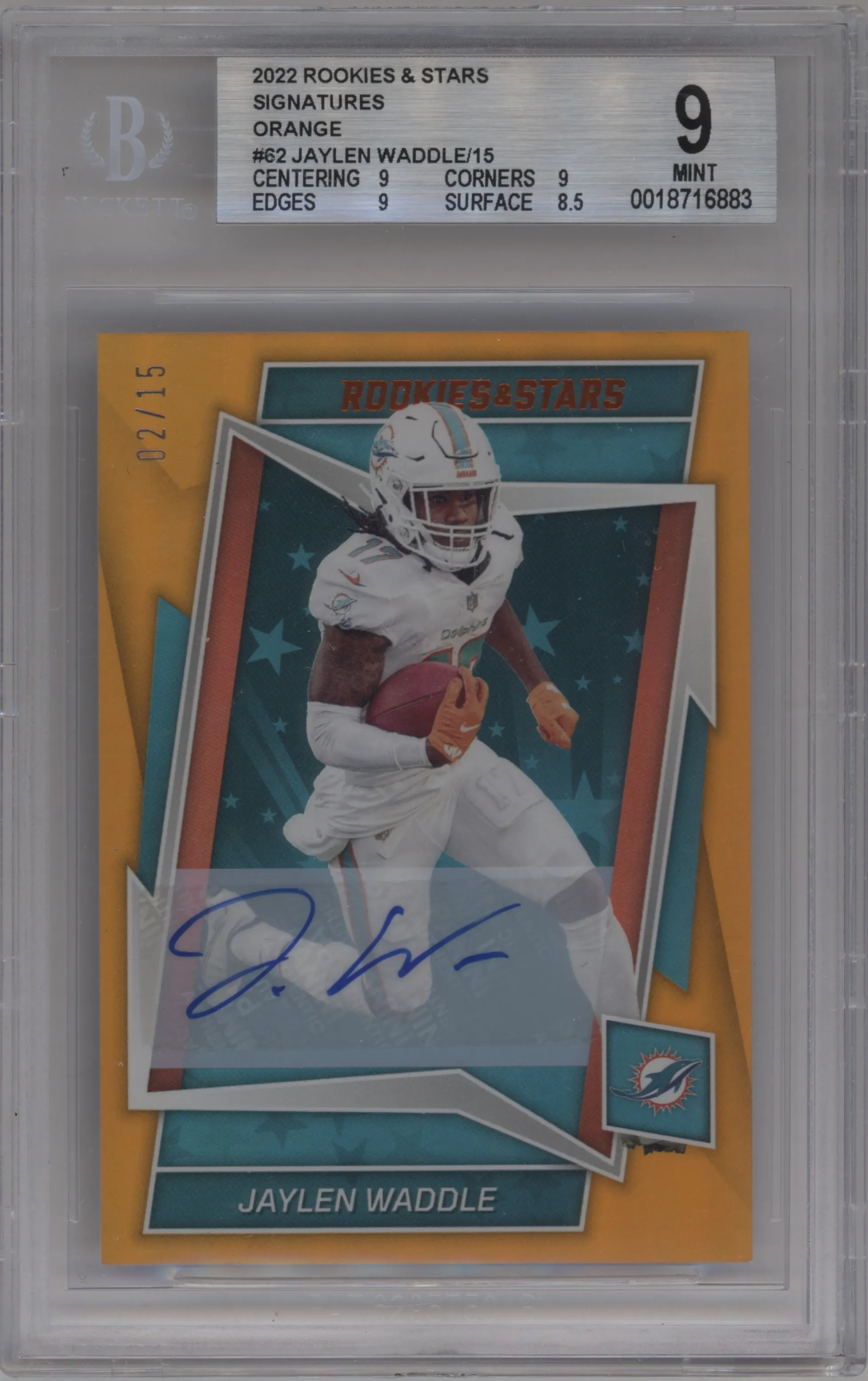 2022 Panini Rookies & Stars Sig. Jaylen Waddle Orange #62 BGS 9