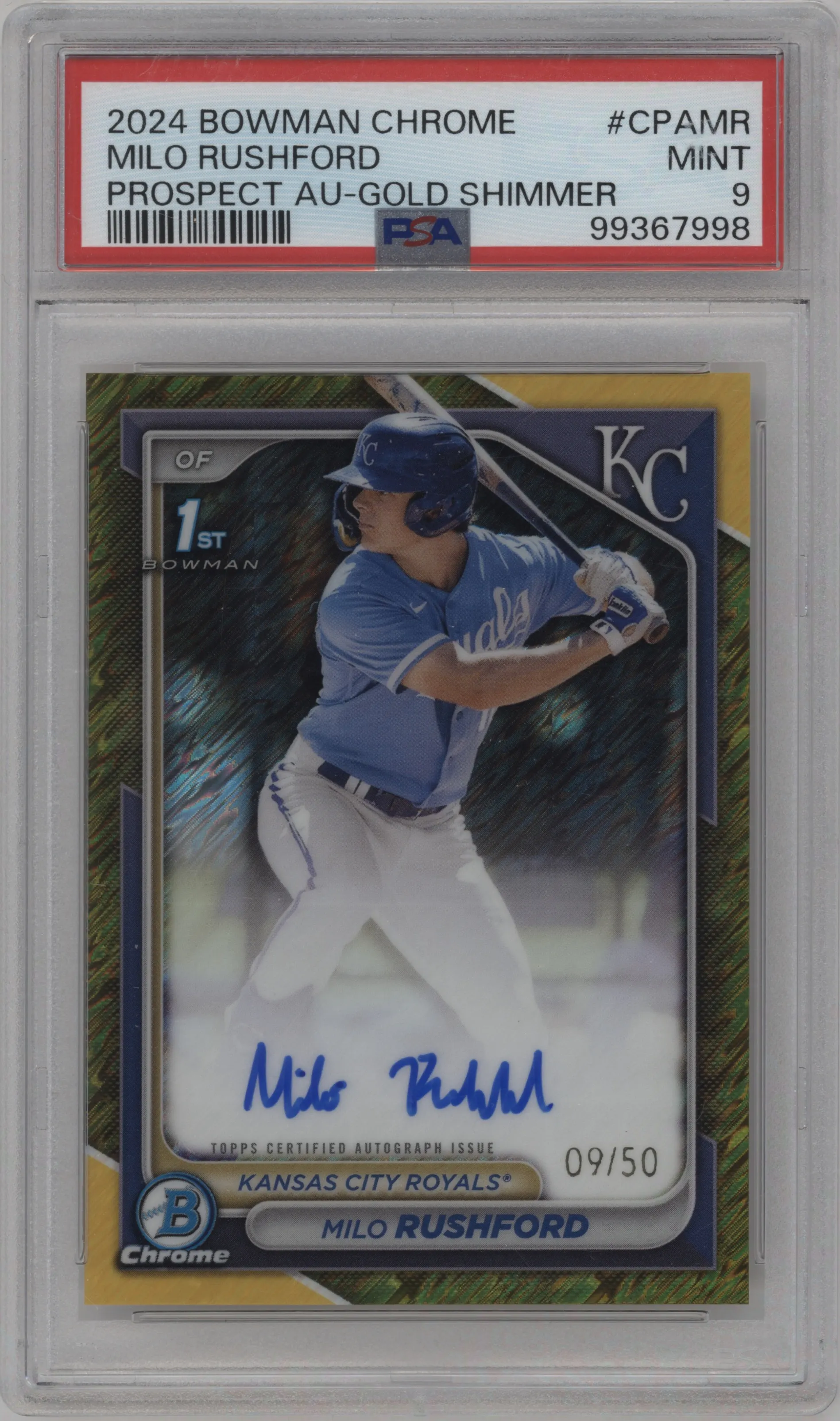 2024 Bowman Chrome Chr.Pros.Auto Milo Rushford Gold Shimmer Refractor PSA 9
