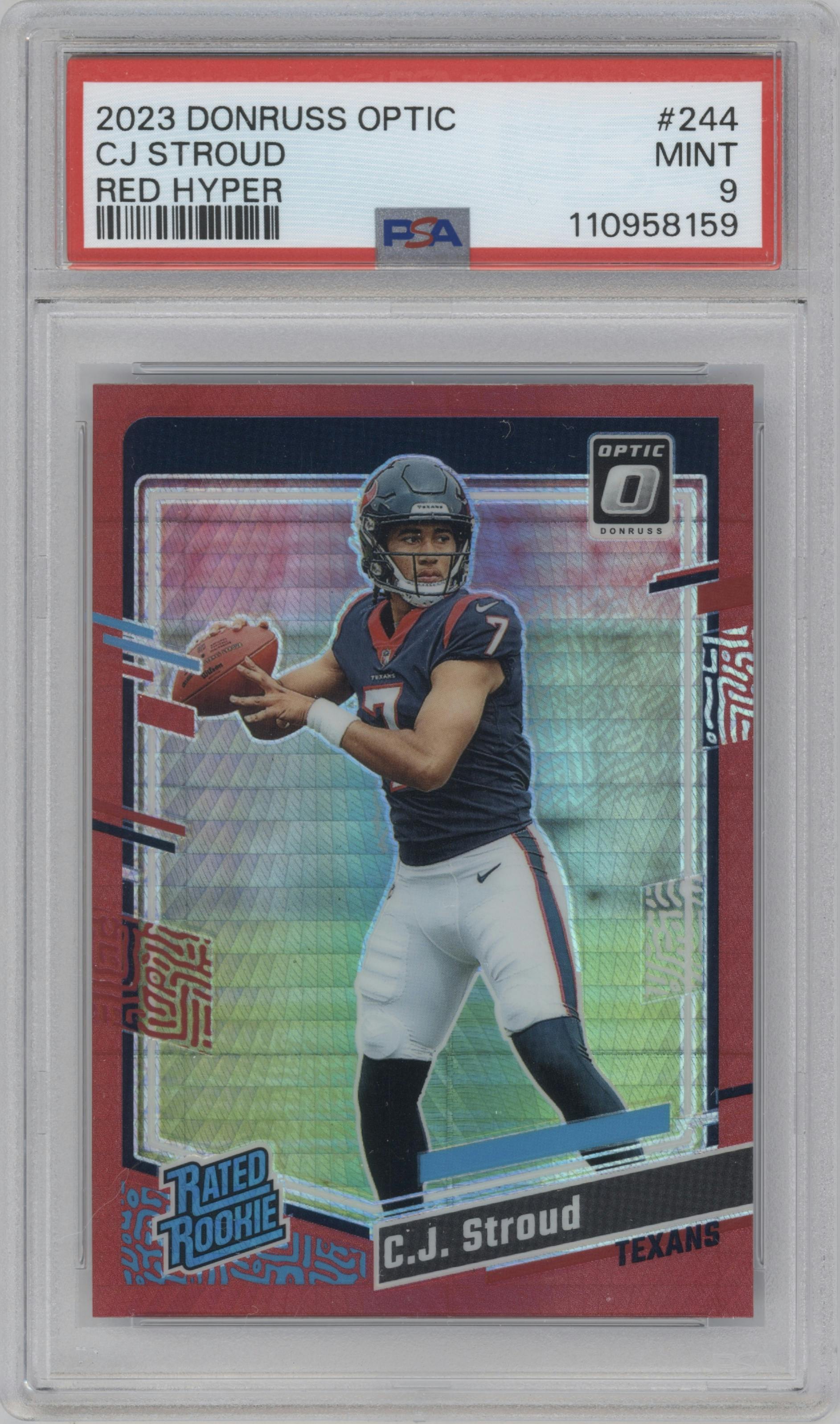 C.J. Stroud from the 2023 Donruss Optic set featuring a Hyper Red parallel graded by PSA and given an overall grade of 9.