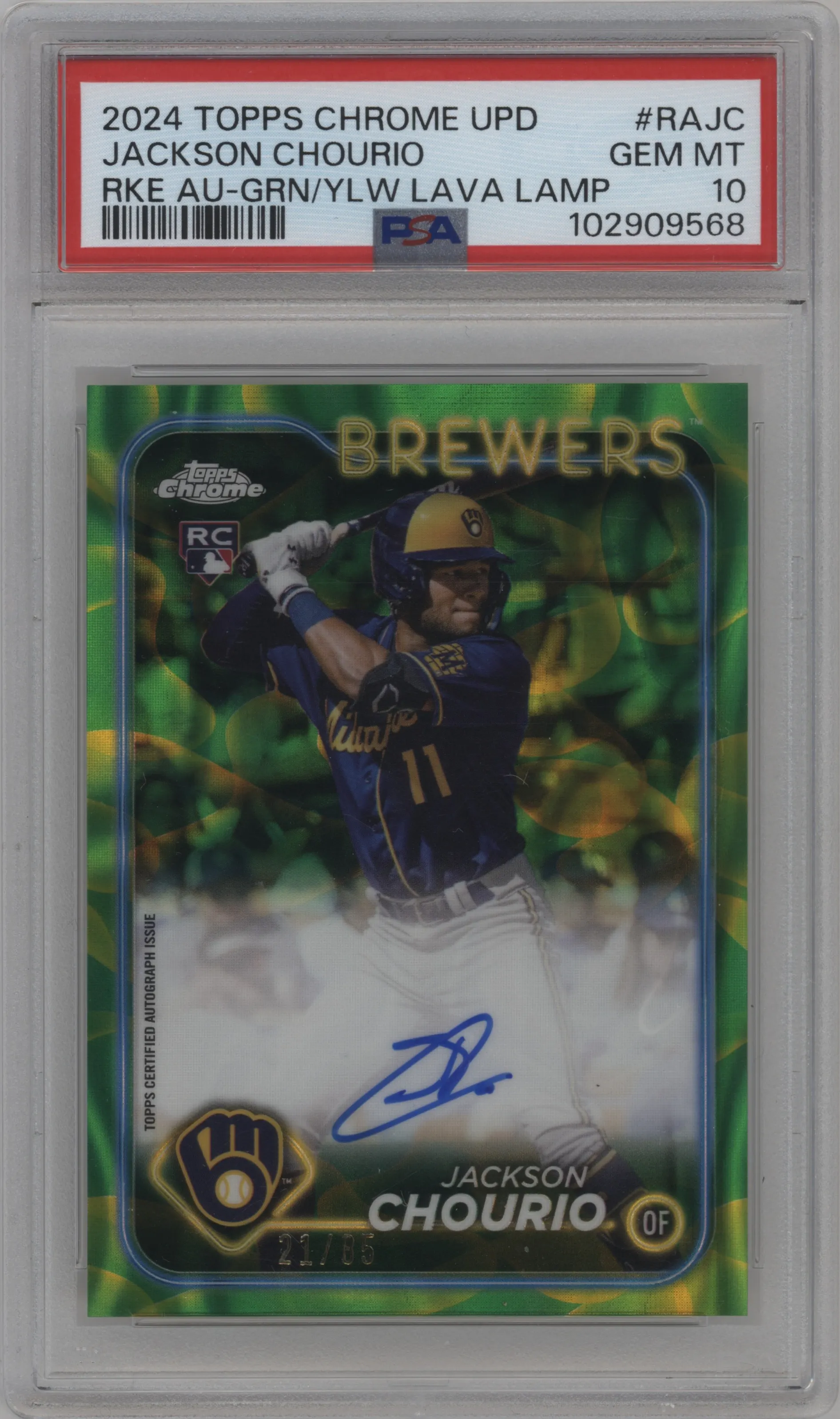 2024 Topps Chrome Update Rke.Au. Jackson Chourio Lava Lamp Green/Yellow Refractors #RA-JC PSA 10