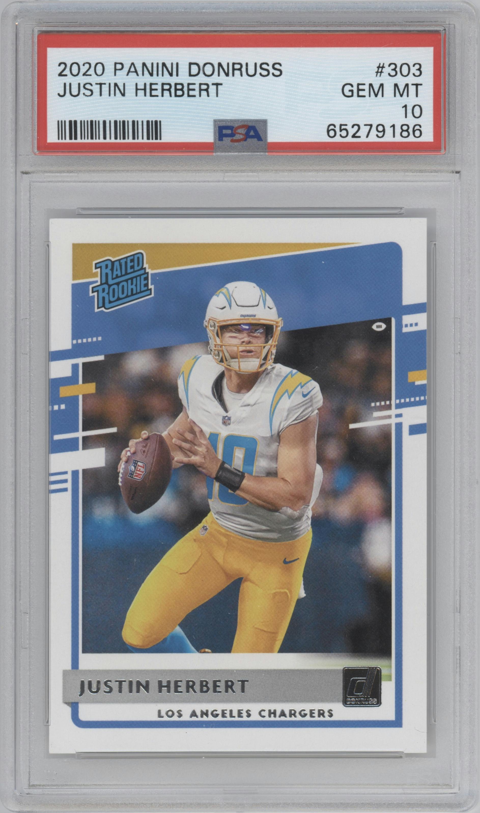 Justin Herbert from the 2020 Panini Donruss set graded by PSA and given an overall grade of 10.