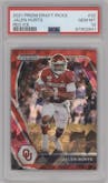 Jalen Hurts from the 2021 Panini Prizm Draft Picks set featuring a Red Ice parallel graded by PSA and given an overall grade of 10.