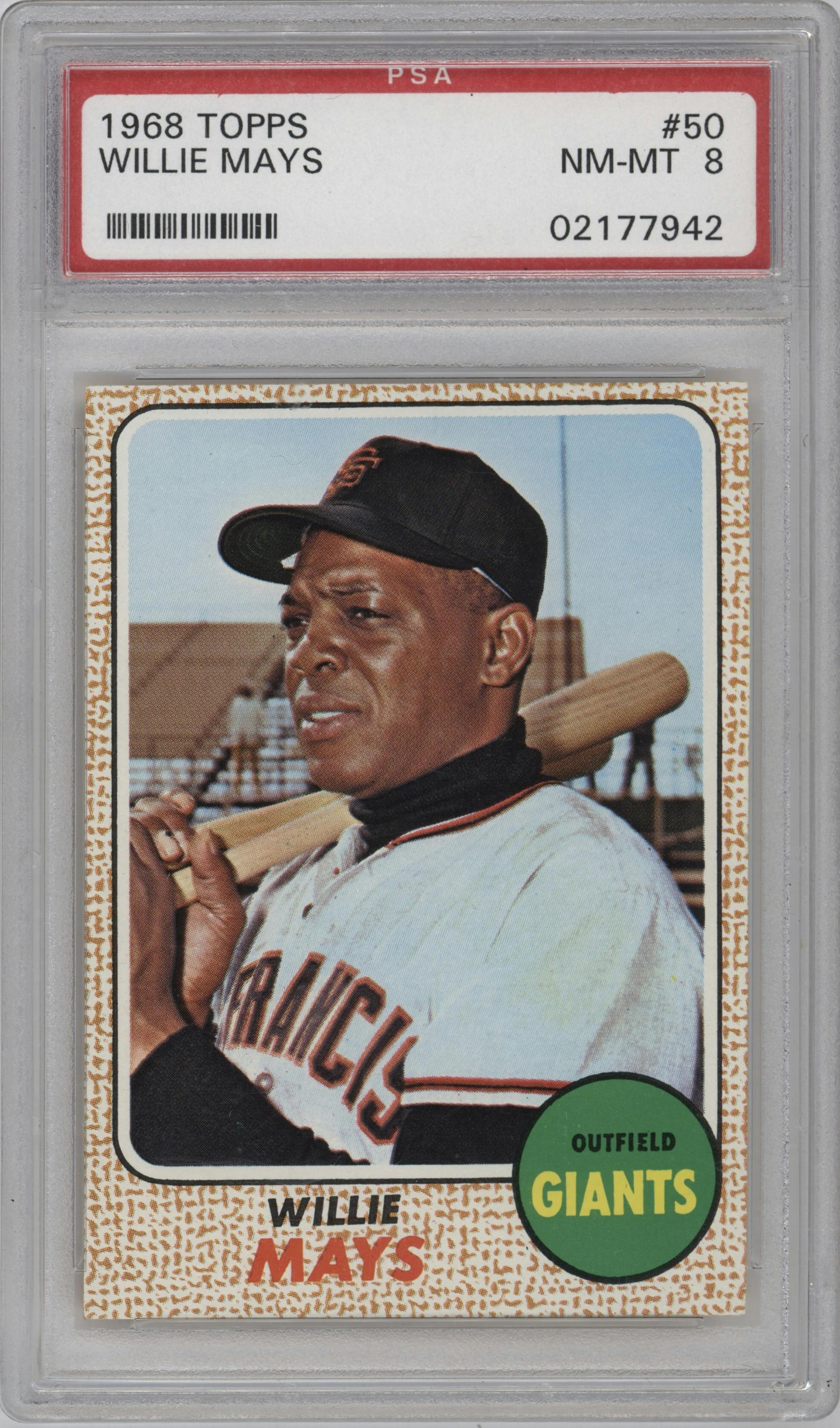 Willie Mays from the 1968 Topps set graded by PSA and given an overall grade of 8.