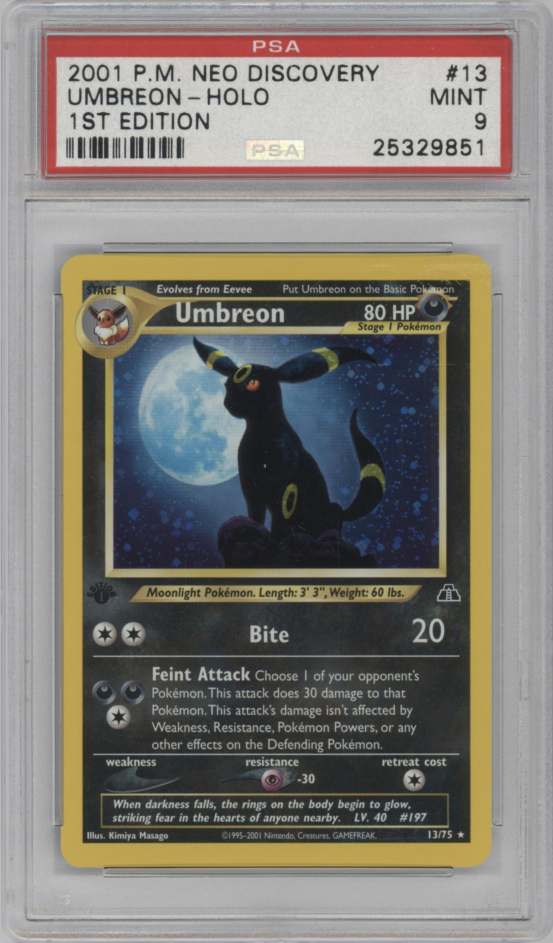 Umbreon from the 2001 Pokemon Neo Genesis set graded by PSA and given an overall grade of 9.