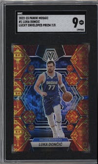 Luka Doncic from the 2022-23 Panini Mosaic set featuring a Lucky Envelopes parallel graded by SGC and given an overall grade of 9.