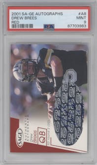Drew Brees from the 2001 SAGE set featuring a Red parallel graded by PSA and given an overall grade of 9.