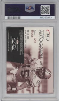 Drew Brees from the 2001 SAGE set featuring a Red parallel graded by PSA and given an overall grade of 9.