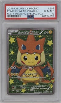 Poncho-clad Pikachu from the 2016 Pokemon XY JPN set featuring a Poncho Wearing Pikachu Box parallel graded by PSA and given an overall grade of 10.