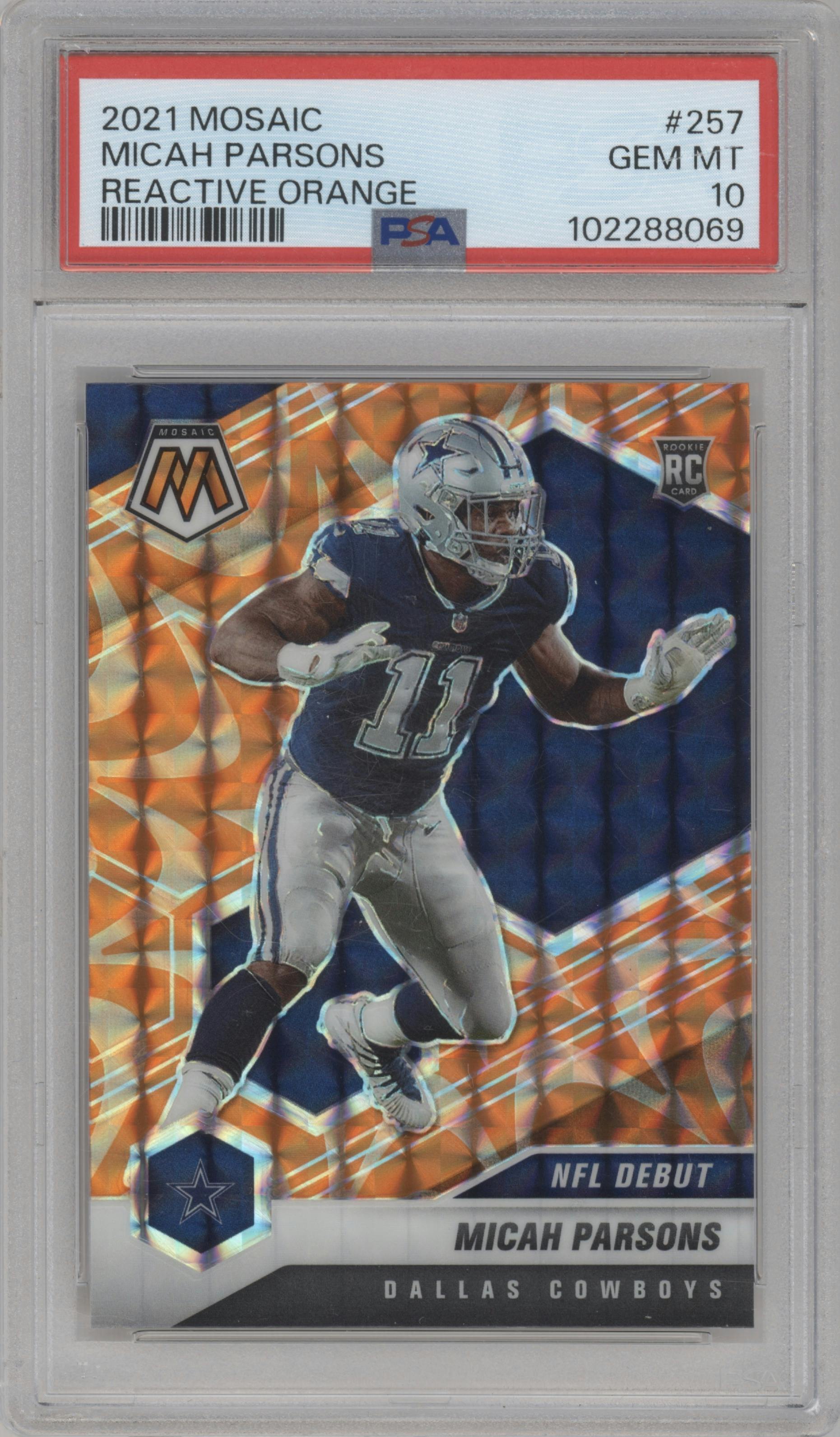 Micah Parsons from the 2021 Panini Mosaic set featuring a Reactive Orange parallel graded by PSA and given an overall grade of 10.