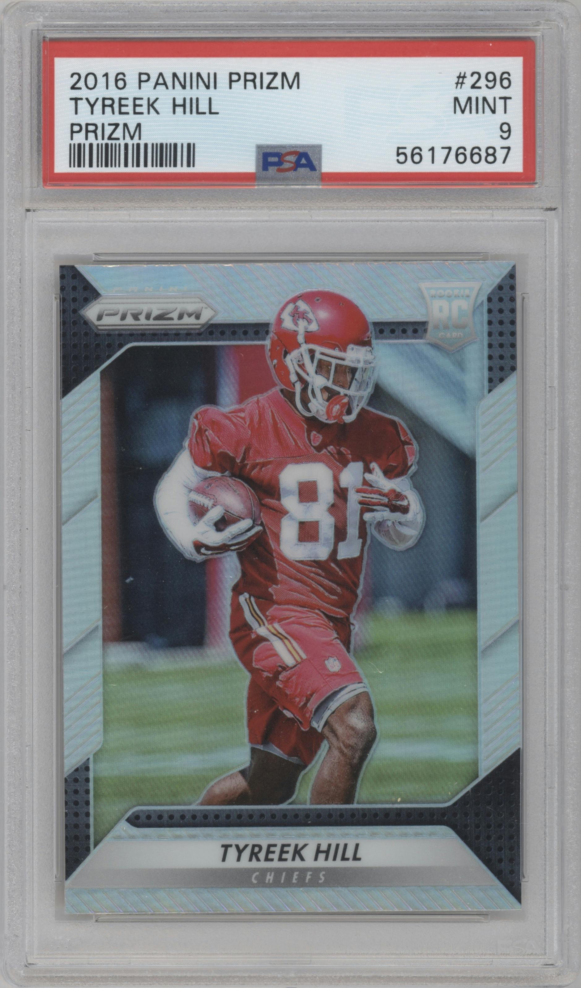 Tyreek Hill from the 2016 Panini Prizm set featuring a Prizm parallel graded by PSA and given an overall grade of 9.