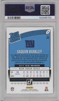 Saquon Barkley from the 2018 Panini Donruss set graded by PSA and given an overall grade of 10.