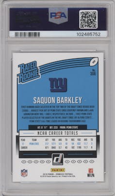 Saquon Barkley from the 2018 Panini Donruss set graded by PSA and given an overall grade of 10.