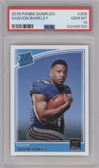 Saquon Barkley from the 2018 Panini Donruss set graded by PSA and given an overall grade of 10.