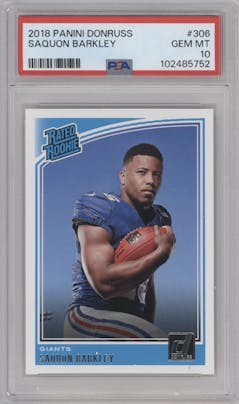 Saquon Barkley from the 2018 Panini Donruss set graded by PSA and given an overall grade of 10.