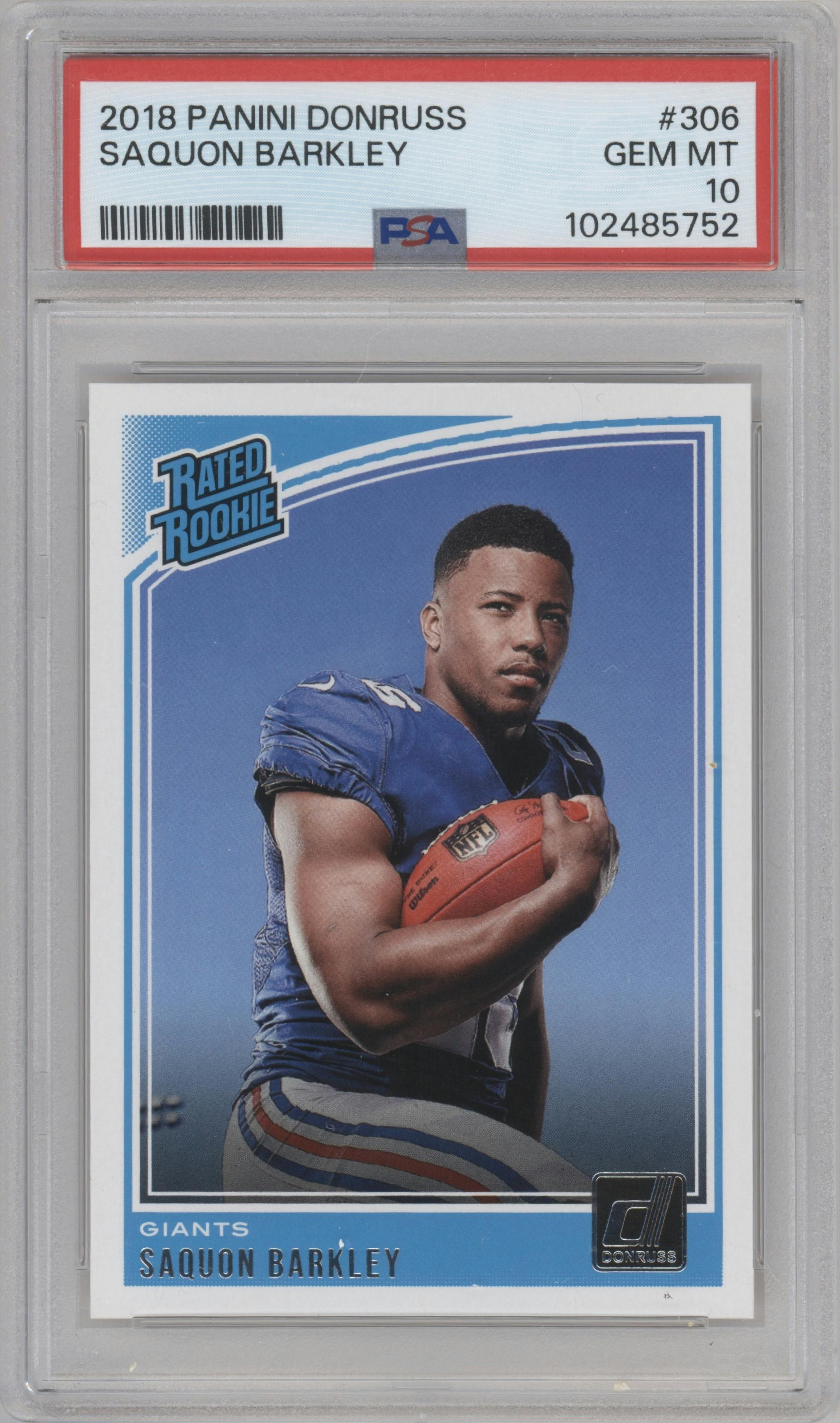 Saquon Barkley from the 2018 Panini Donruss set graded by PSA and given an overall grade of 10.