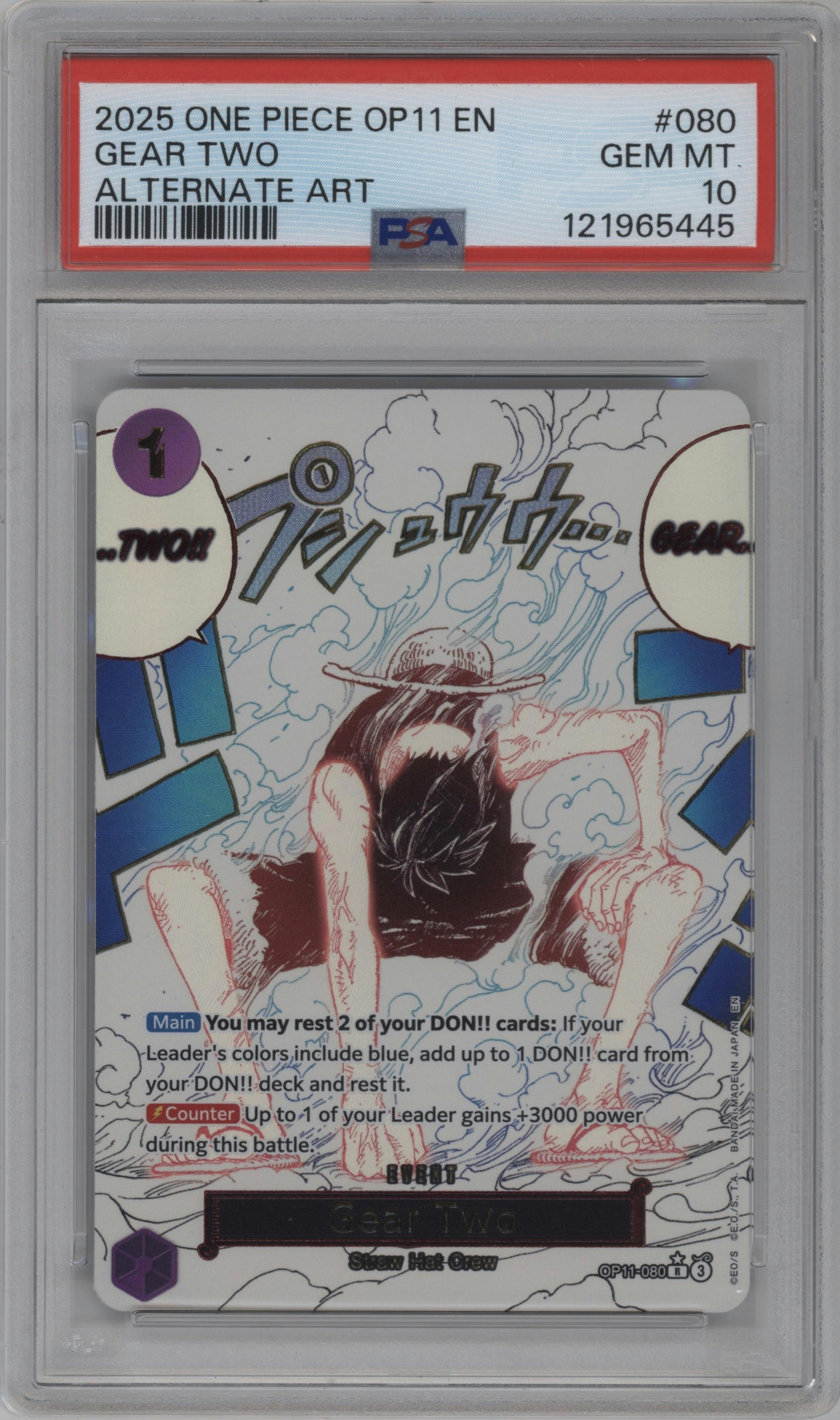 Gear Two from the 2025 One Piece set featuring a Alternate Art parallel graded by PSA and given an overall grade of 10.