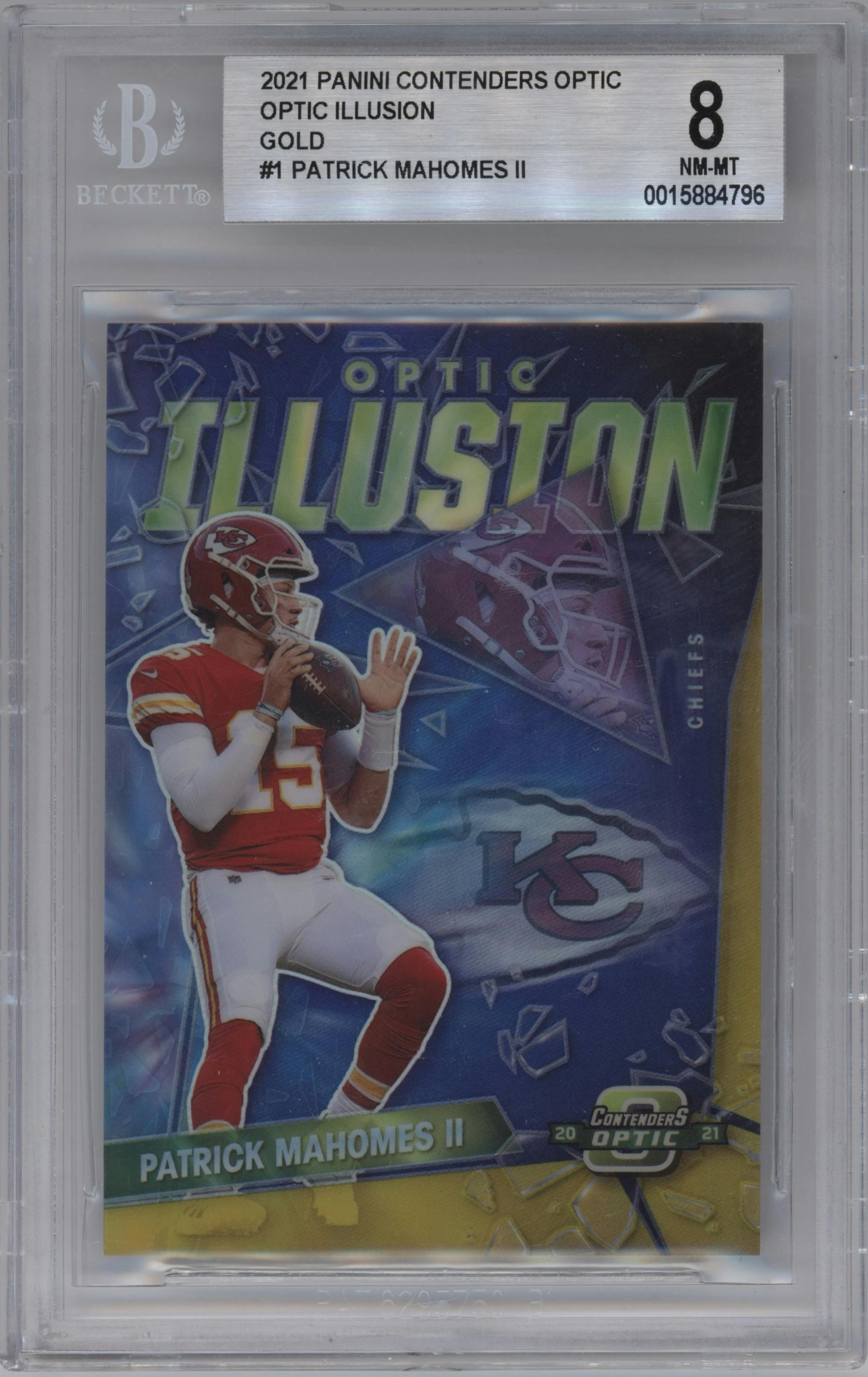 Patrick Mahomes II from the 2021 Panini Contenders Optic set featuring a Gold parallel graded by Beckett and given an overall grade of 8.