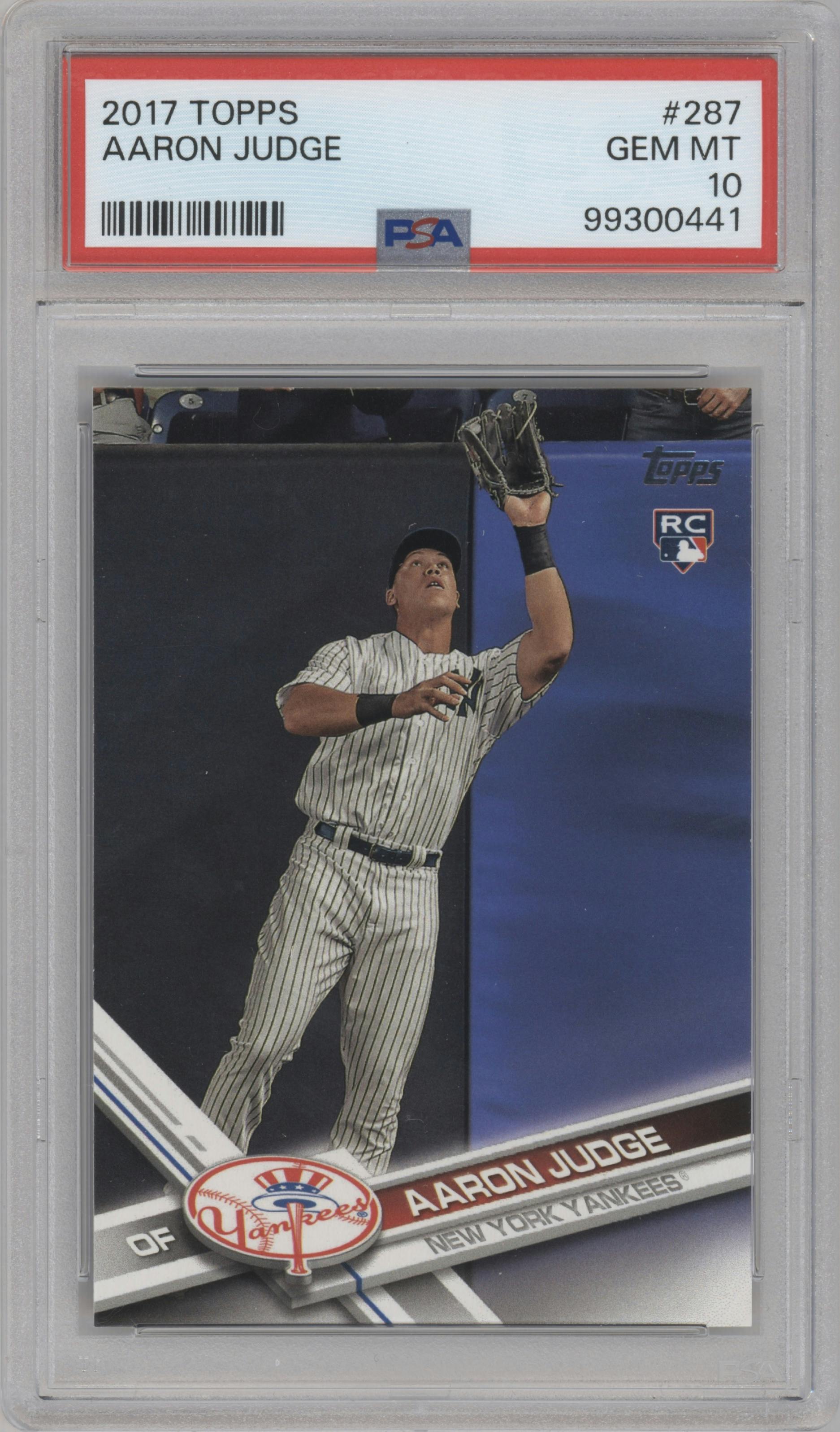 Aaron Judge from the 2017 Topps Series 1 set graded by PSA and given an overall grade of 10.