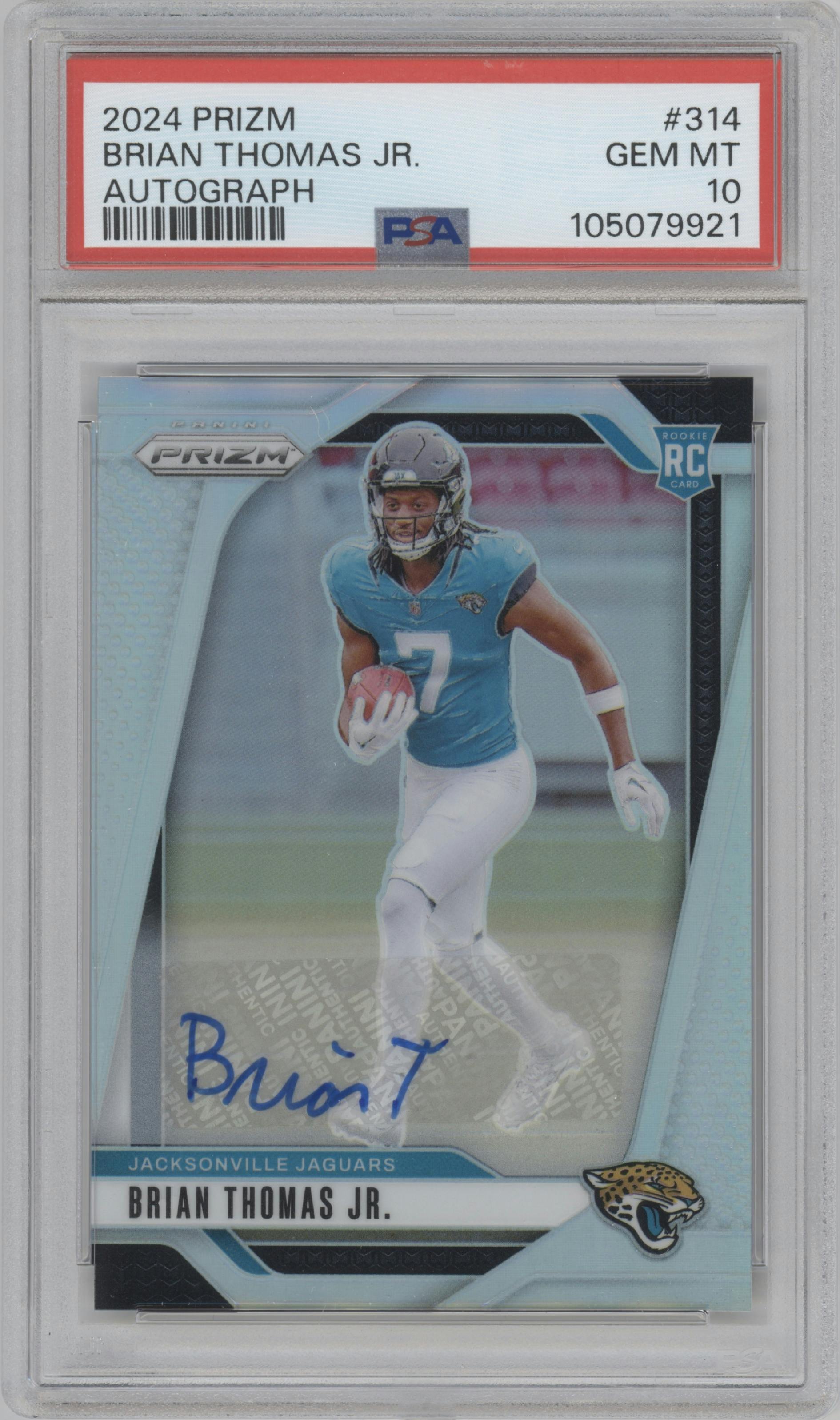 Brian Thomas Jr. from the 2024 Panini Prizm set graded by PSA and given an overall grade of 10.