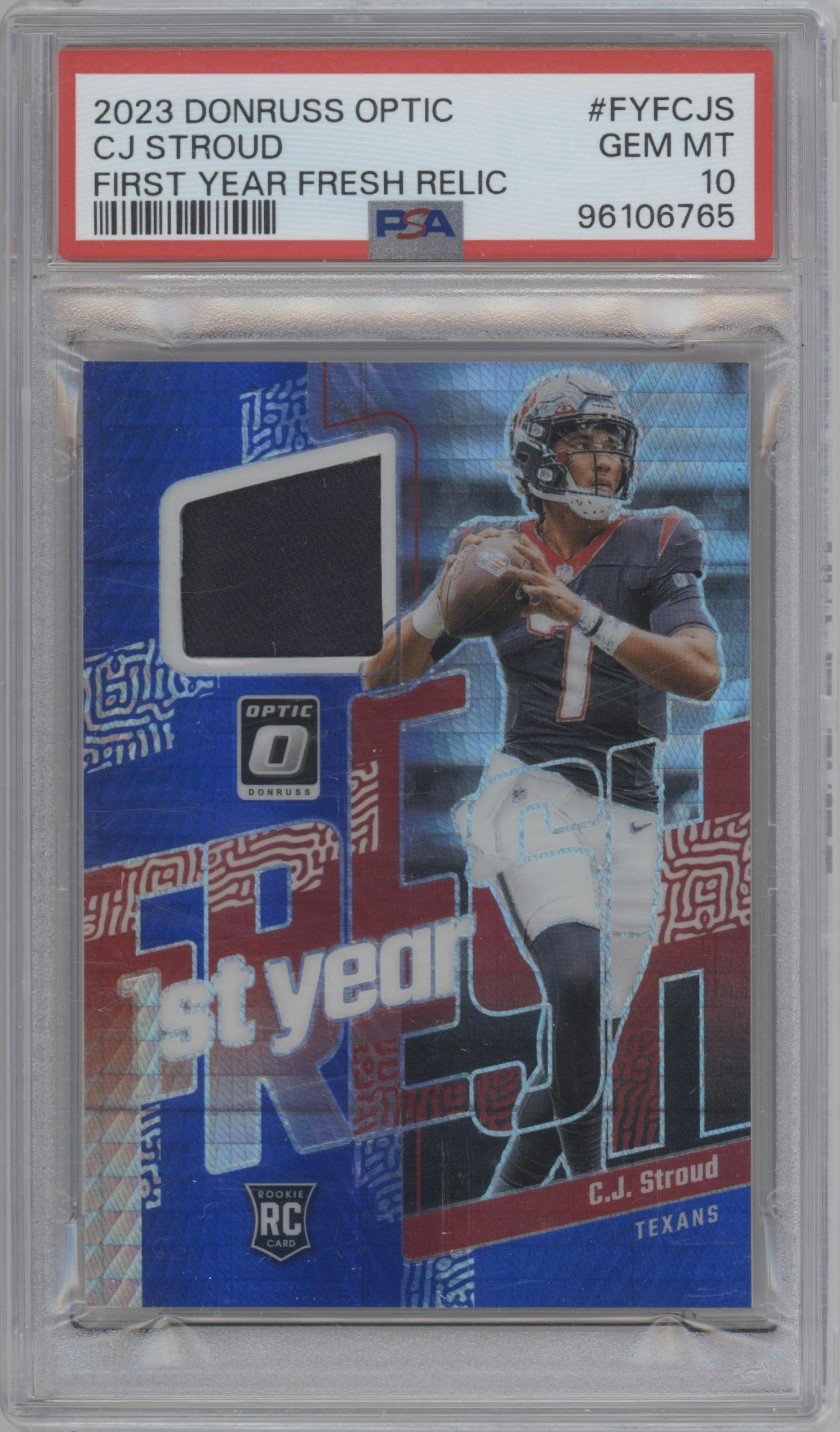 C.J. Stroud from the 2023 Donruss Optic set featuring a Blue Hyper parallel graded by PSA and given an overall grade of 10.