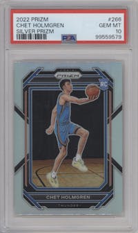 Chet Holmgren from the 2022-23 Panini Prizm  set featuring a Silver Prizm parallel graded by PSA and given an overall grade of 10.
