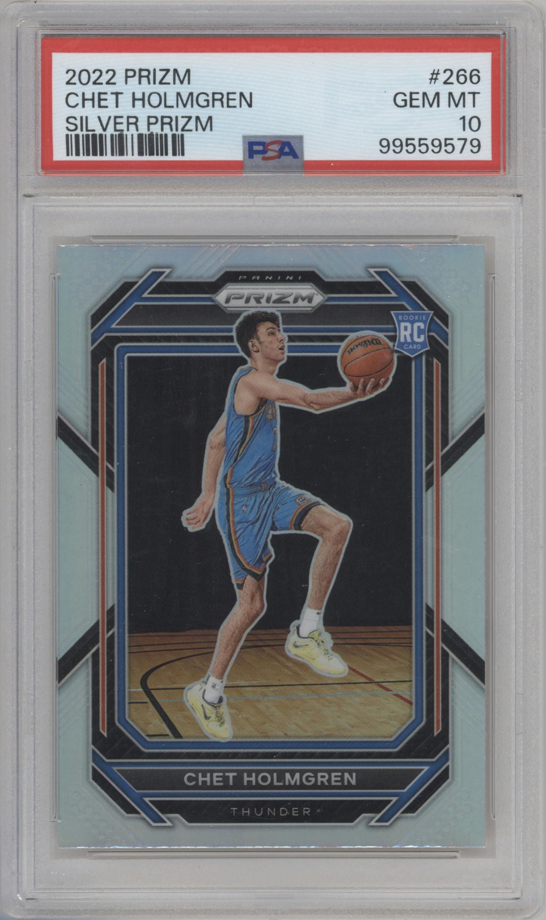 Chet Holmgren from the 2022-23 Panini Prizm  set featuring a Silver Prizm parallel graded by PSA and given an overall grade of 10.
