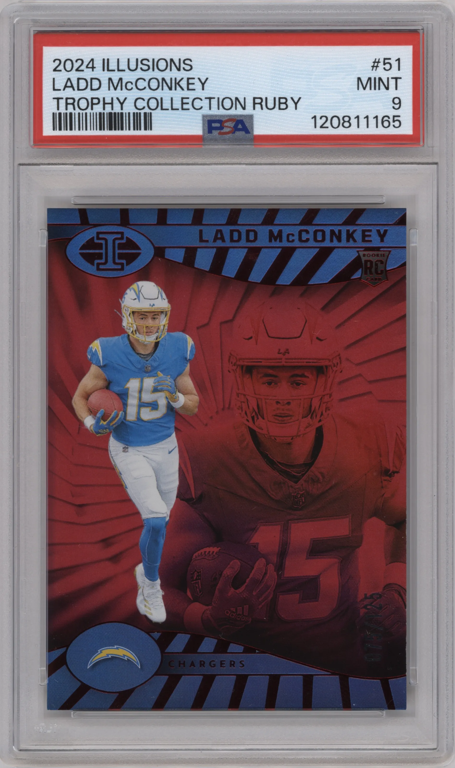 2024 Panini Illusions Ladd McConkey Ruby Trophy Collection PSA 9