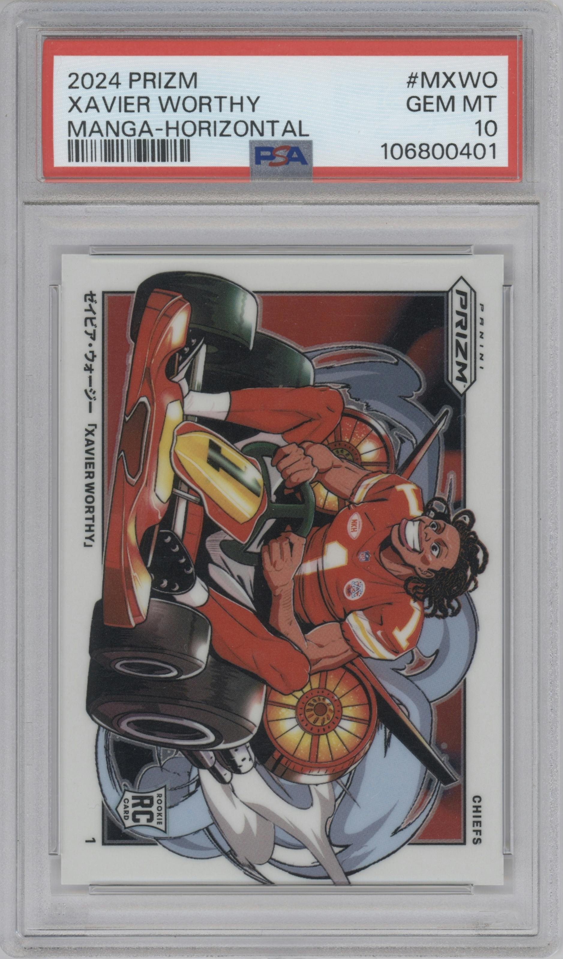 Xavier Worthy from the 2024 Panini Prizm set graded by PSA and given an overall grade of 10.