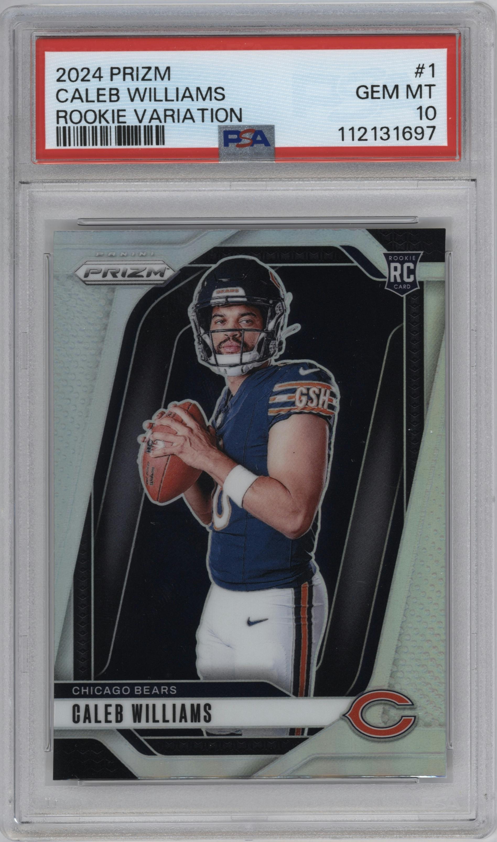 Caleb Williams from the 2024 Panini Prizm set graded by PSA and given an overall grade of 10.